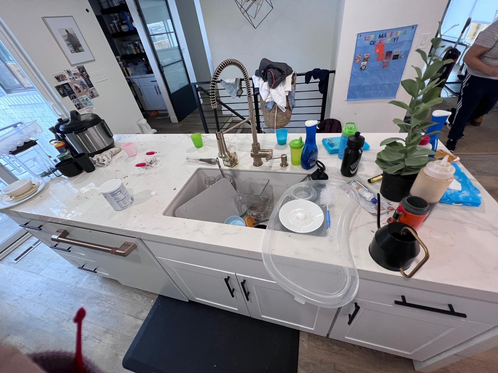 Dishwashing and kitchen sink area before cleaning with dishes and items on the counter.